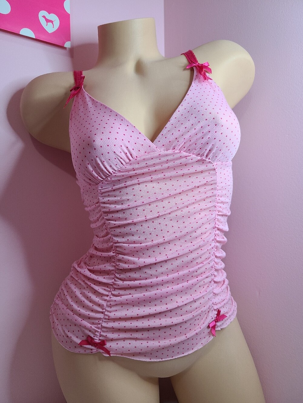 VTG VS Sexy Little Things Sheer Polka Dot Ruffle Mesh Corset Tank Size Lg
